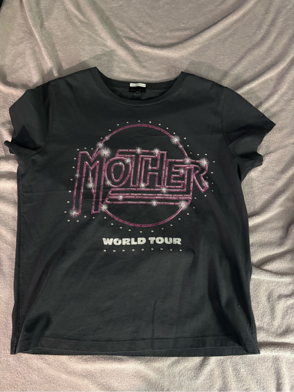 MOTHER Black Tee with Pink Rhinestone 'WORLD TOUR' Graphic